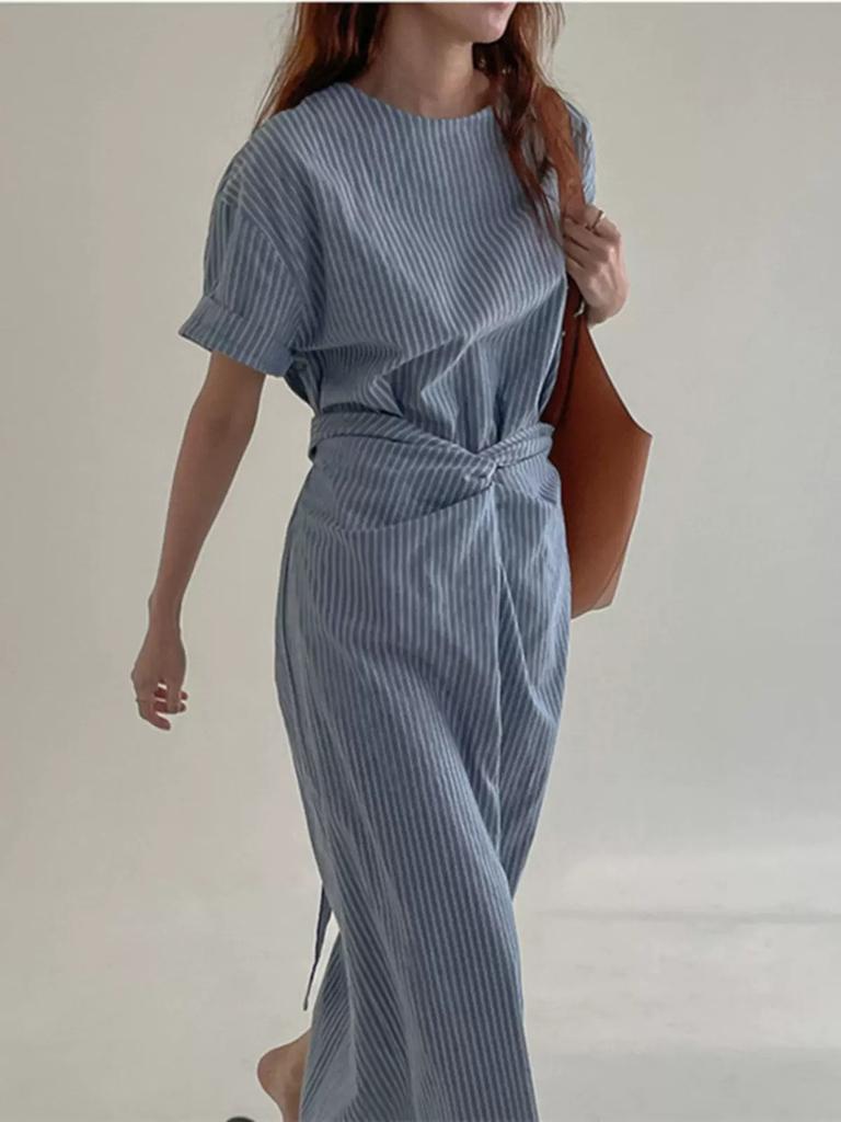 Johnature Корейские ленивые ретро полосатые платья со шнуровкой на талии летние женские свободные повседневные платья с коротким рукавом и круглым вырезом