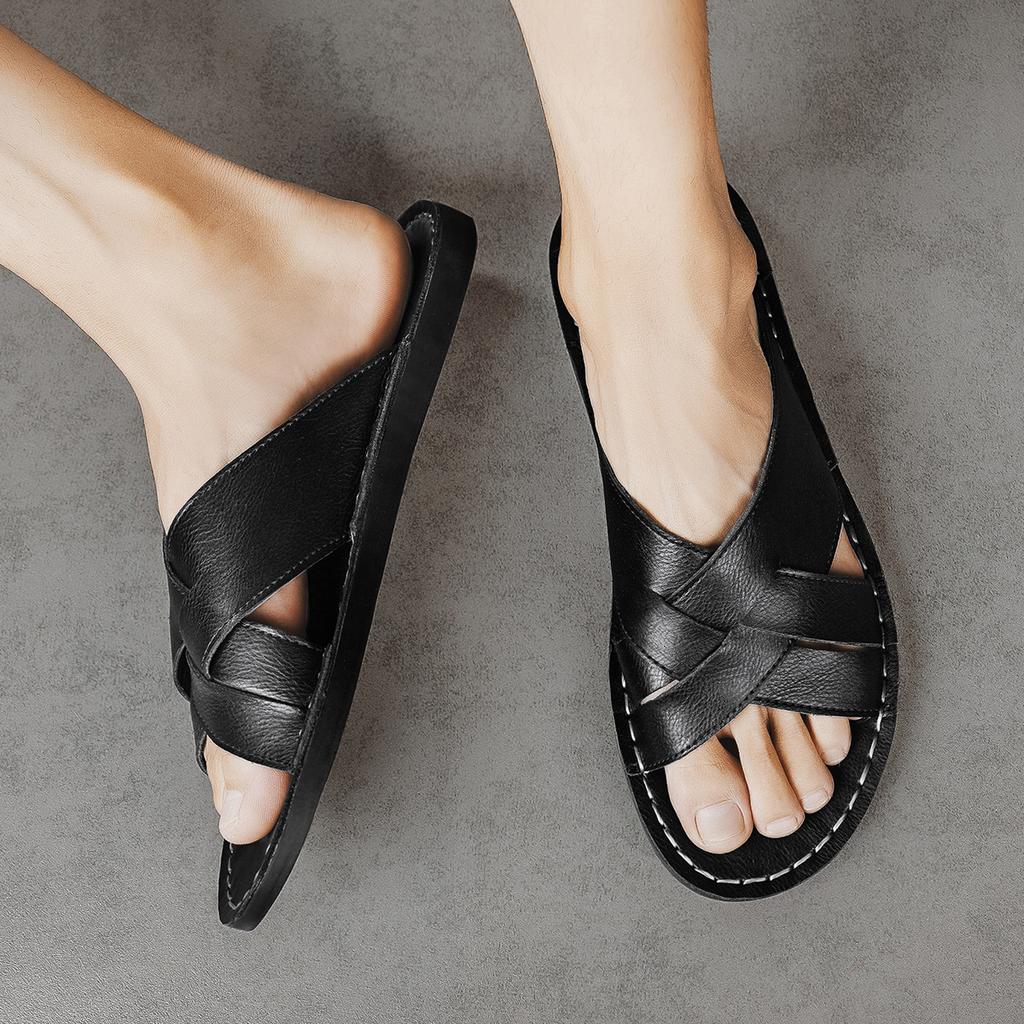 Summer Men High Quality Comfortable Non Slip Leather Slippers Casual Simple Open Toe Mules Sandals for Outdoor Walking Beach Home Daily Use