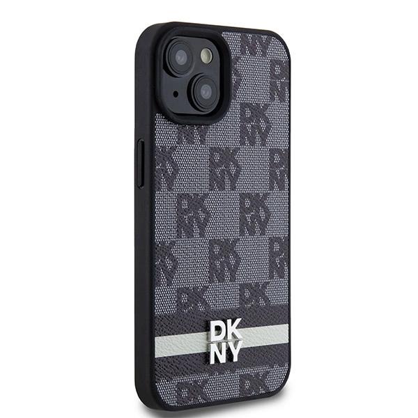 Dkny Leather Checkered Mono Pattern & Printed Stripes Case For Iphone 15 Plus / 14 Plus - Black
