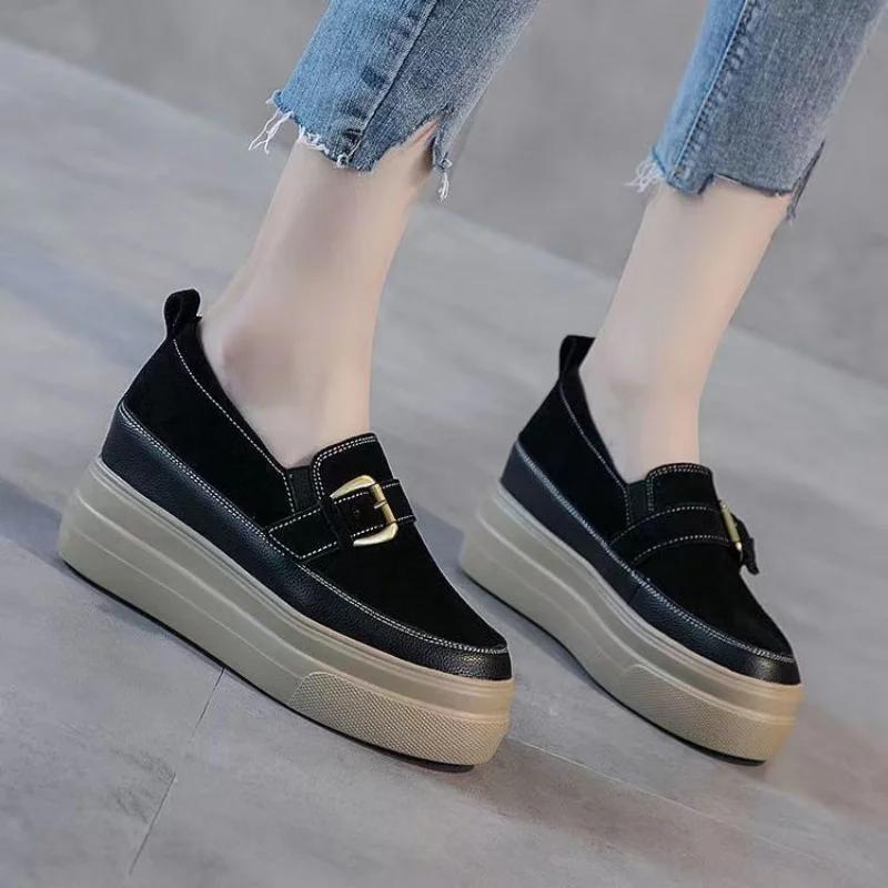 Туфли на толстой подошве женские весенние новые из натуральной кожи универсальные черные повседневные высокие женские туфли на платформе кроссовки высокие (5-8 см