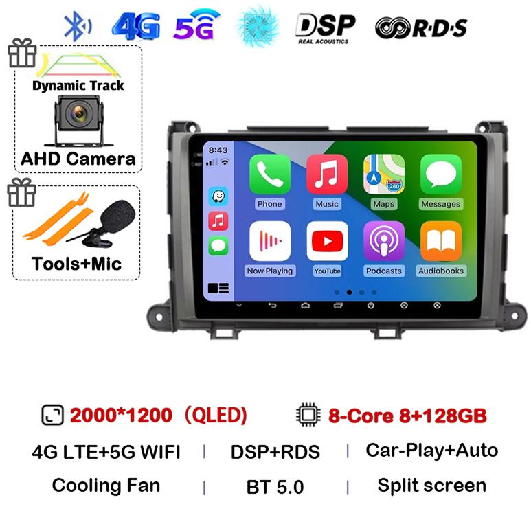 Android 14 Carplay автомобильный радиоплеер для Toyota Sienna 2009 2010 2011 2012 2013 2014 2Din мультимедиа Автомагнитола Навигация GPS DSP