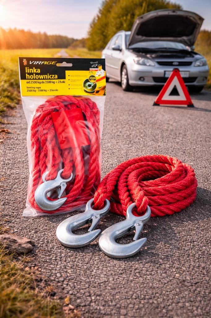 Linka holownicza samochodowa czerwona 3500 kg 4m pleciona z hakiem 1 szt.