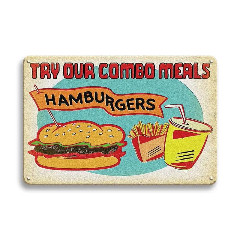 Hot Dog Fresh Hamburgers Metal Signs BBQ Vintage Posters Home Kitchen Wall Decor Iron Plate Painting Fast Food Shop Plaques