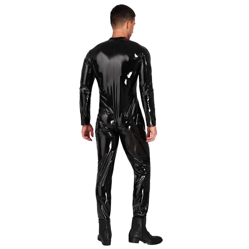 Mens Shiny Patent Leather Jumpsuit Stand Collar Long Sleeve Zipper Leotard Bodysuit Catsuit