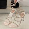 Fashion Bling Bling Rhinestone Brand High Heel Sandals Women Fashion Narrow Band Thin High Heel Slide Sandals Banquet Party Dress Shoes