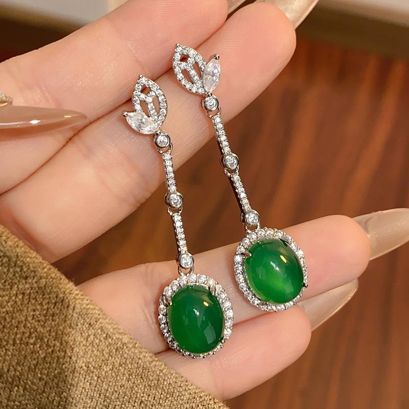 Новые медные украшения S925 серебряные иглы инкрустированные высоким ледяным зеленым халцедоном длинные серьги Muse кольцо ретро мода