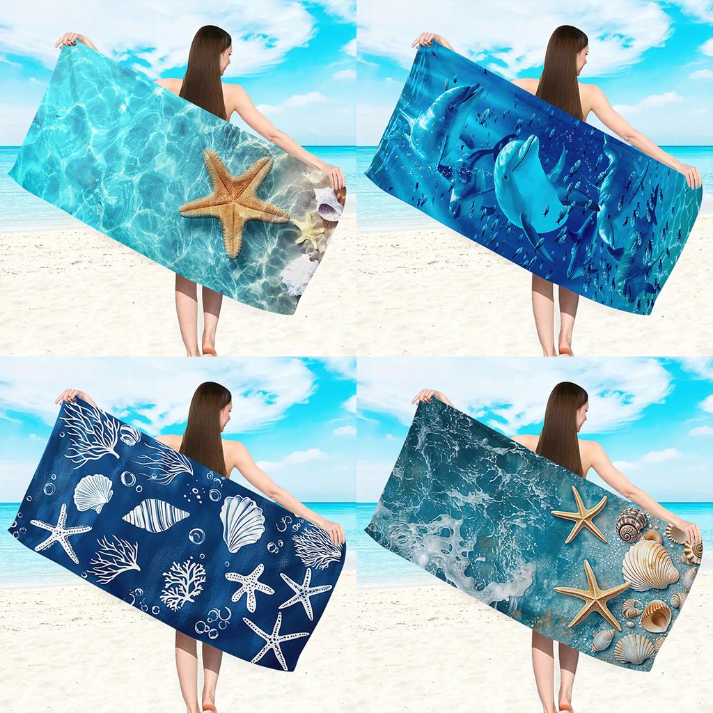 1Pc Marine Organism Printed Beach Towel, Ultra-Fine Fiber Absorbent Beach Towel, Beach Vacation Swimming Diving Beach Towel
