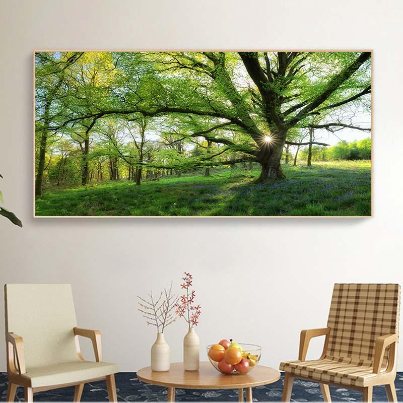 Пейзаж Солнце Зеленый Розовый Лес Деревья Лист Холст Картины Современные Картины для Куадрос Гостиная Домашний Настенный Художественный Декор Без Рамки Без Рамки