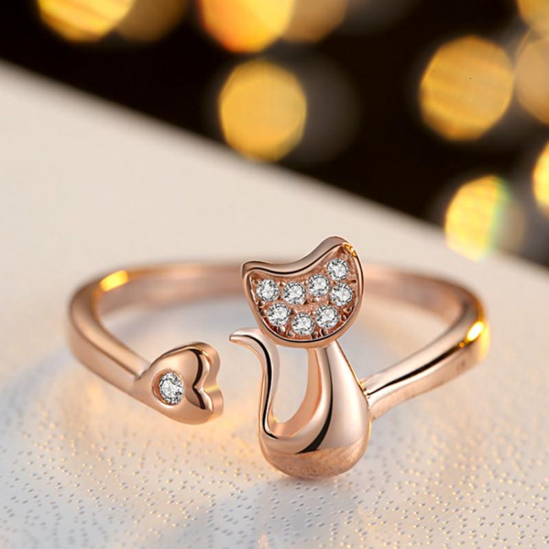 Cute Silver Color Cat Shape Adjustable Wedding Engagement Ring for Women Jewelry Gift KTY