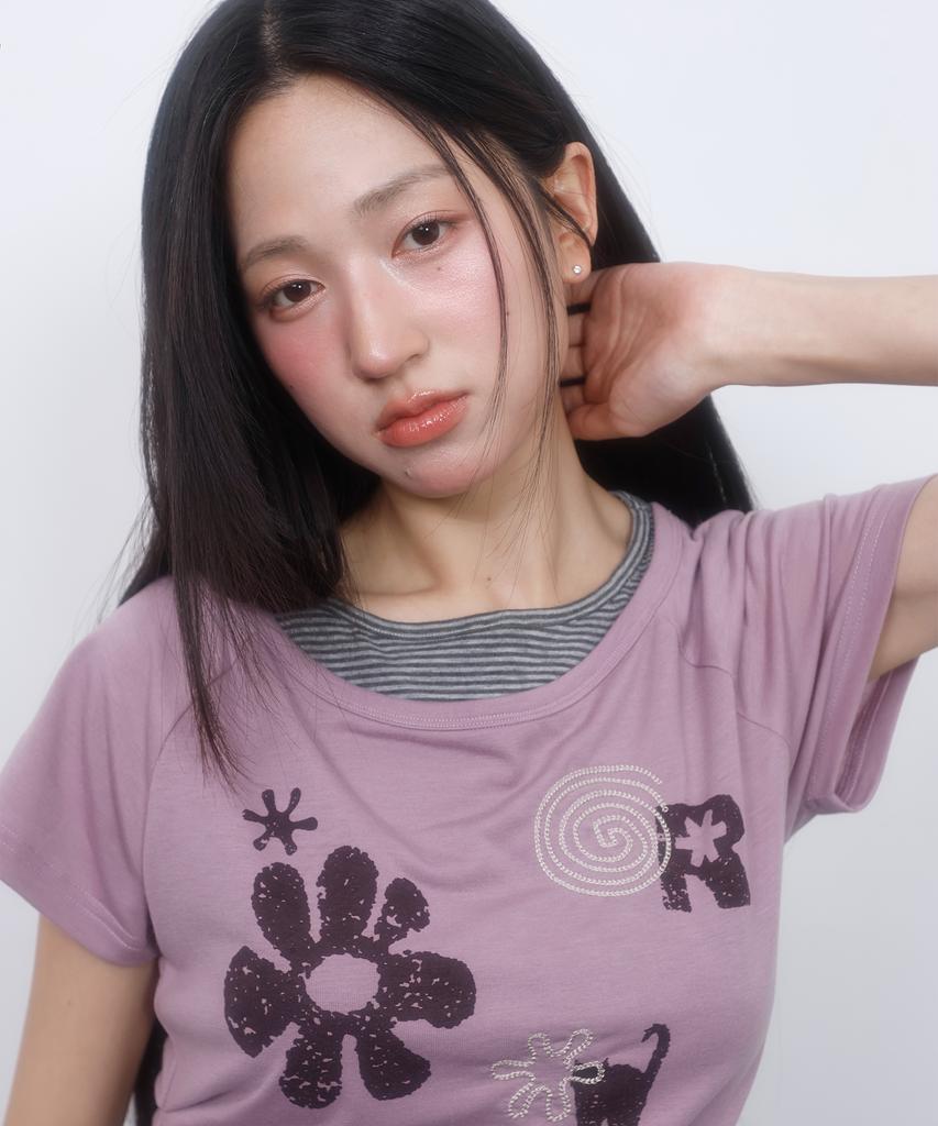 LMR Motif Embroidered Striped Layered T-Shirt Purple Pink