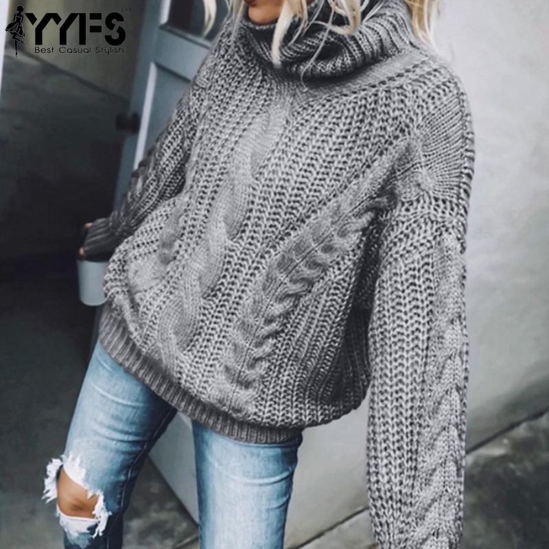 YYFS Женская мода повседневная осень-зима однотонный принт длинный рукав высокий ворот свитера