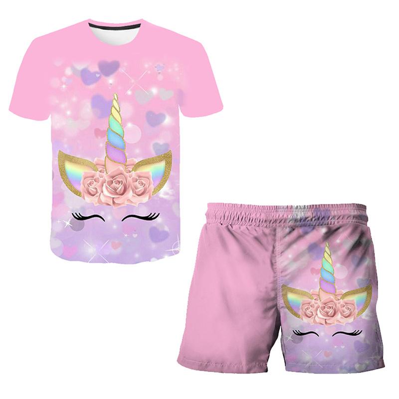 Children Girls Clothes Unicorn Baby Popular Print 3D Lovely Fashion T shirt+Short Pants Set Cartoon T Shirt 2Pcs Kids Suit