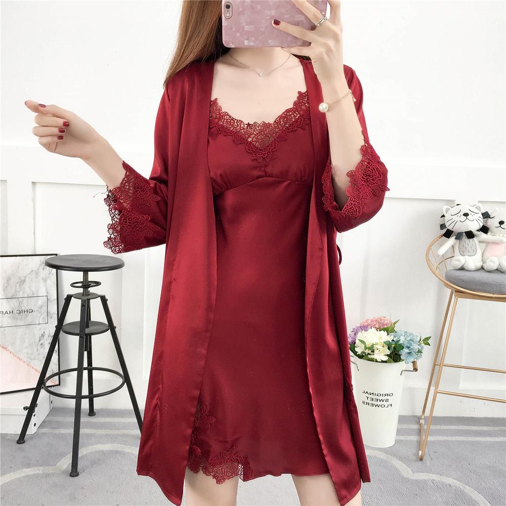 Sexy Female Nighty Robe Set Intimate Lingerie Spring Summer Kimono Bathrobe Gown Sleepwear Two Piece Set Loose Satin Home Dress