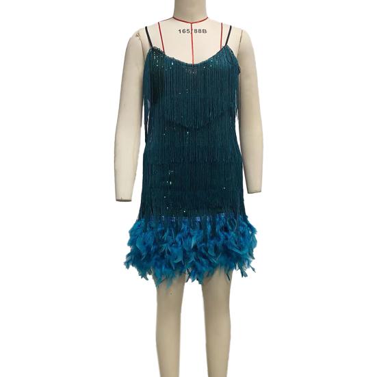 Women Dress Tassel Sequin V Neck Sleeveless Backless Feather Decor Loose Rumba Cha-cha Dance Costume Mini Club Party Dress