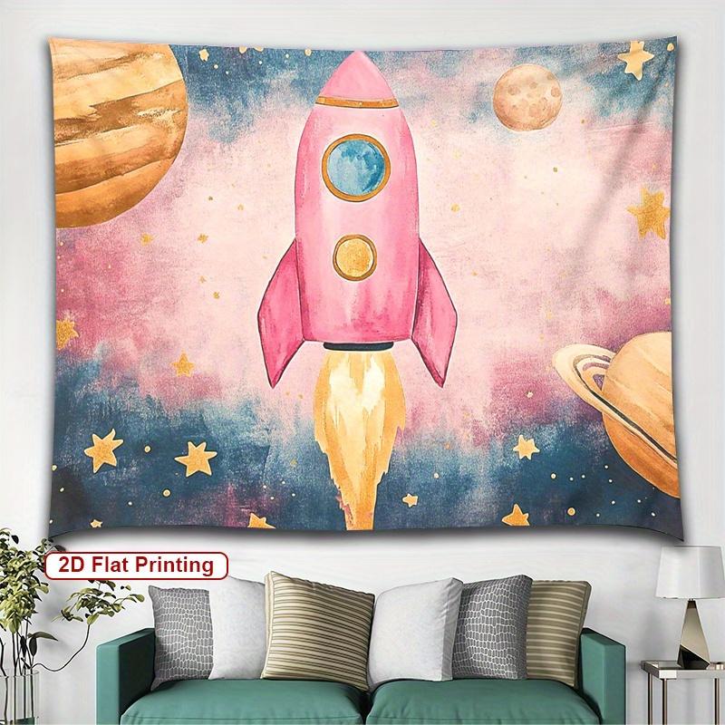 Pink Rocket Tapestry Watercolor Space Scene with Stars and Planets Whimsical Design for Bedroom or Dorm