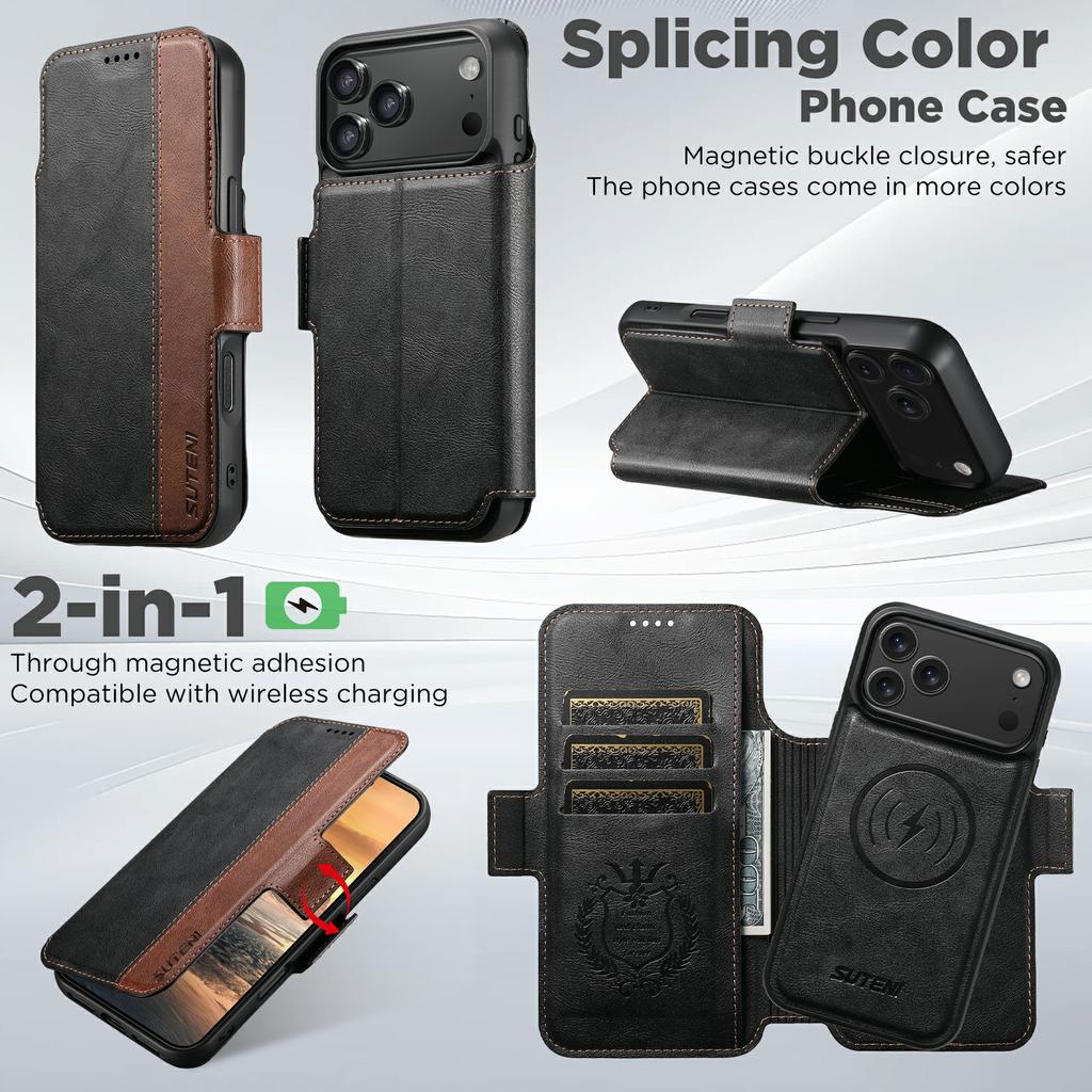 SUTENI Q-07 For iPhone 17 Pro Case Magnetic Color Splicing Cowhide Texture Leather Cover