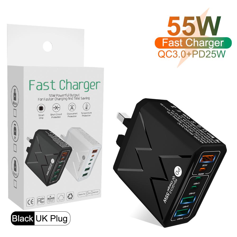 Быстрое зарядное устройство PD 25 Вт на 6 портов: 3 USB, 3 PD 55 Вт с QC3.0 – Штекеры EU, UK, AU