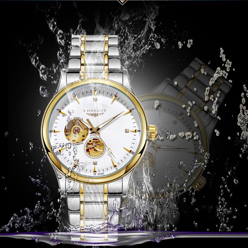 LONGLUX Skeleton Мужские водонепроницаемые часы Деловые автоматические механические часы Мужские часы