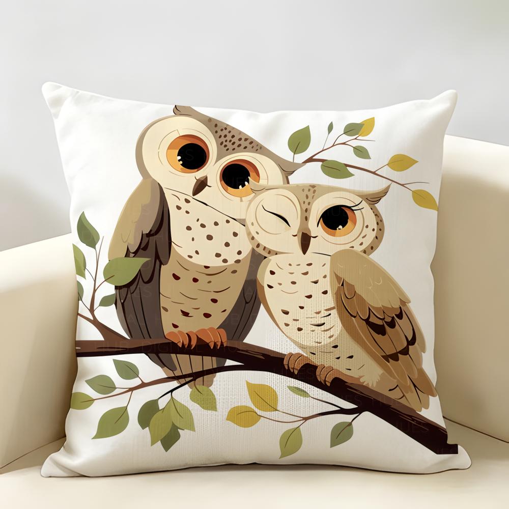 Vintage Owl Pattern Cushion Cover Natural Linen Organic Fabric DoubleSided Printing Room Sofa Decor Pillow Case