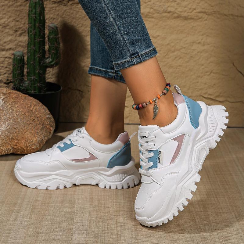 Мода Женская Мода Однотонные Туфли на Толстой Подошве Осень Новые Круглый Носок Глубокий Вырез Шнуровка Спереди Сочетание Цветов Мягкая Подошва Кроссовки