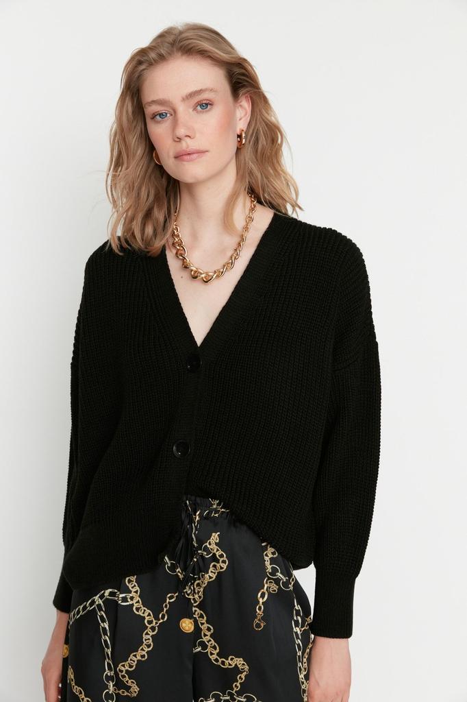 Women's Fashionable Stylish Cardigan Black Wide Fit V-Neck Knitwear Cardigan