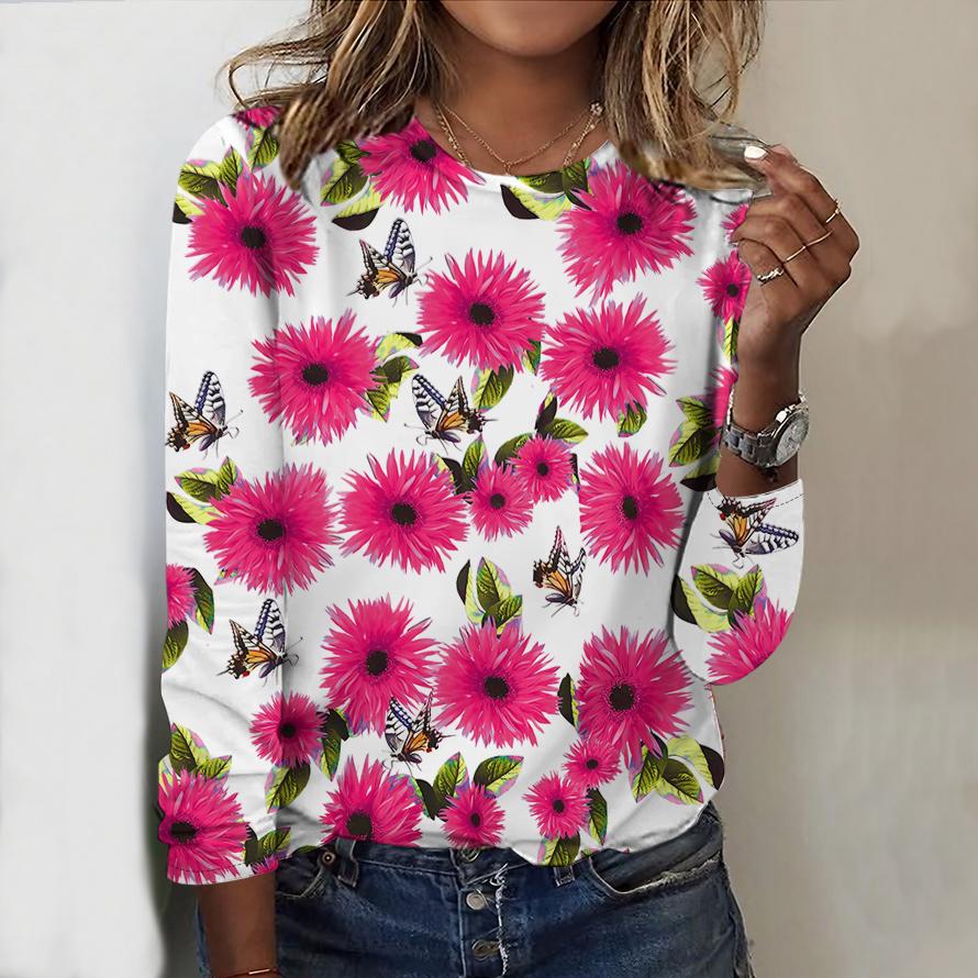 Tops For Women Sunflowers and Chrysanthemums Print Round Neck Long Sleeve T-shirt Fall Casual Slim Pullover Women's Long Sleeve Top