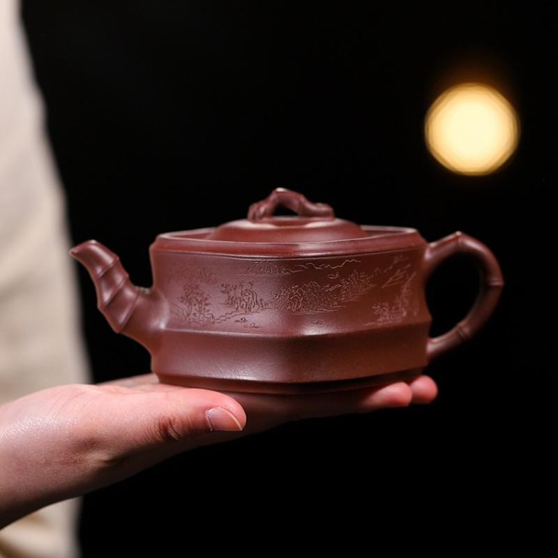 250ml Elegant Yixing Purple Clay Teapots Handmade Square Bamboo Pot Raw Ore Purple Mud Kettle Zisha Tea Set Tea Services Craft