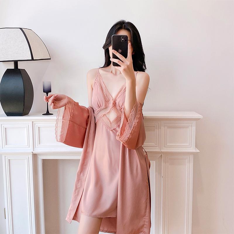 Pajama set, nightdress, ice silk suspender nightgown, women's summer sexy solid color large size lace two-piece set, spring and summer