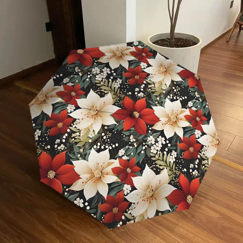 1pc Christmas Floral Pattern Umbrella with Plastic Handle,Suitable for All Seasons Home Travel Outdoor UmbrellaDD1286