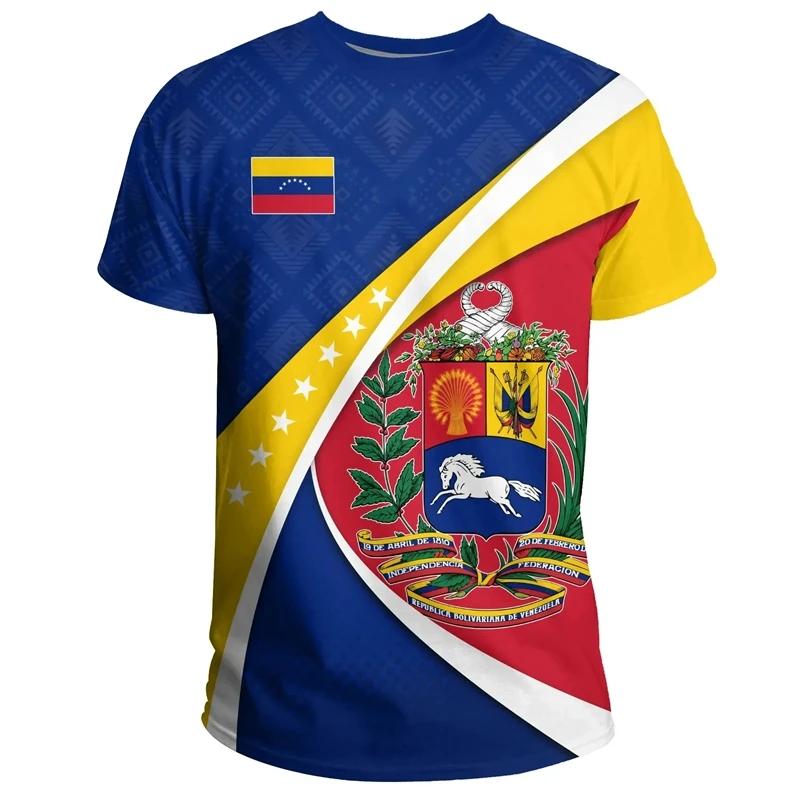 3D Men's Venezuela Printed T-Shirt - Polyester Spandex Crew Neck Machine Washable Casual Style