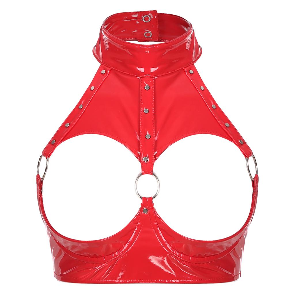 Женский бюстгальтер на косточках с открытой чашкой, укороченный топ, модный жилет с заклепками и уплотнительным кольцом, жилет с открытой спиной, топы из лакированной кожи с мокрым эффектом, клубная одежда