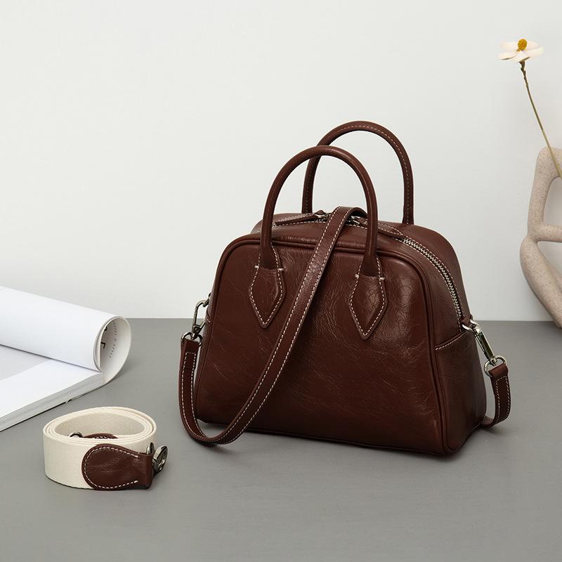 Niche First-Layer Cowhide Boston Pillow Bag Single Shoulder Crossbody Portable Leather Women's Bag Tide