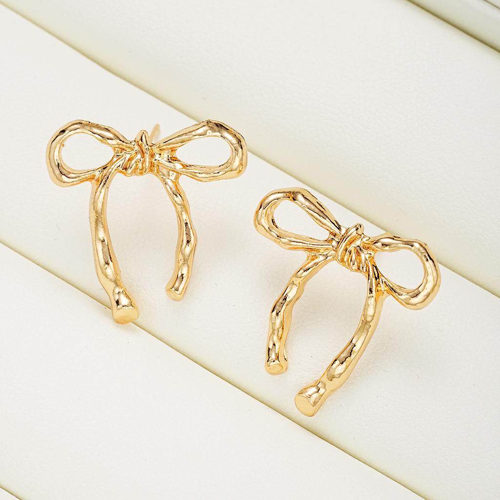 Simple Gold Color Sweet Bow Knot Earrings for Women Vintage Elegant Piercing Ear Accessories Fashion Female Party Jewelry Gifts