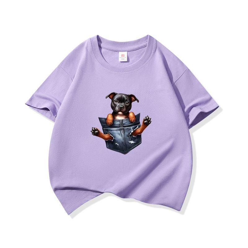 Kids Cotton T Shirt Adorable Pocket Staffordshire Dog Pattern Print Crew Neck Short Sleeve Tee Casual Boys Girls Summer Tops