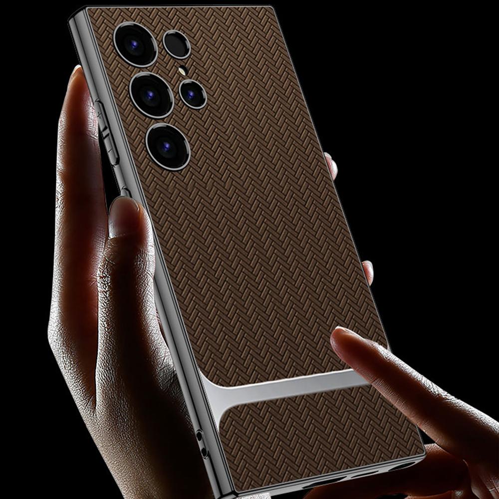 For Samsung Galaxy S24 Ultra Case Woven Pattern Electroplating TPU+PC+PU Phone Back Cover