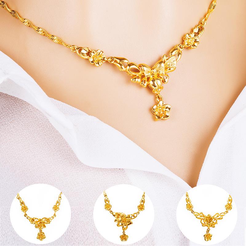 24k Gold Plated Women's Flower Necklace, Vietnamese Sand Gold Bridal Wedding Necklace, Brass Gold Plated Clavicle Necklace for Women
