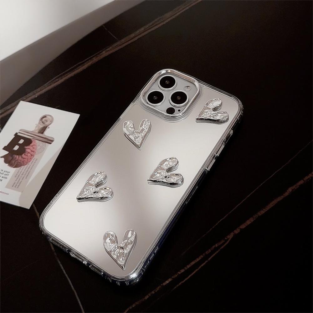 3D гальванический чехол Сердце 13 для iPhone 17/15 Pro Max, Зеркальная поверхность iPhone 16, Высококачественный 14 Жесткий чехол