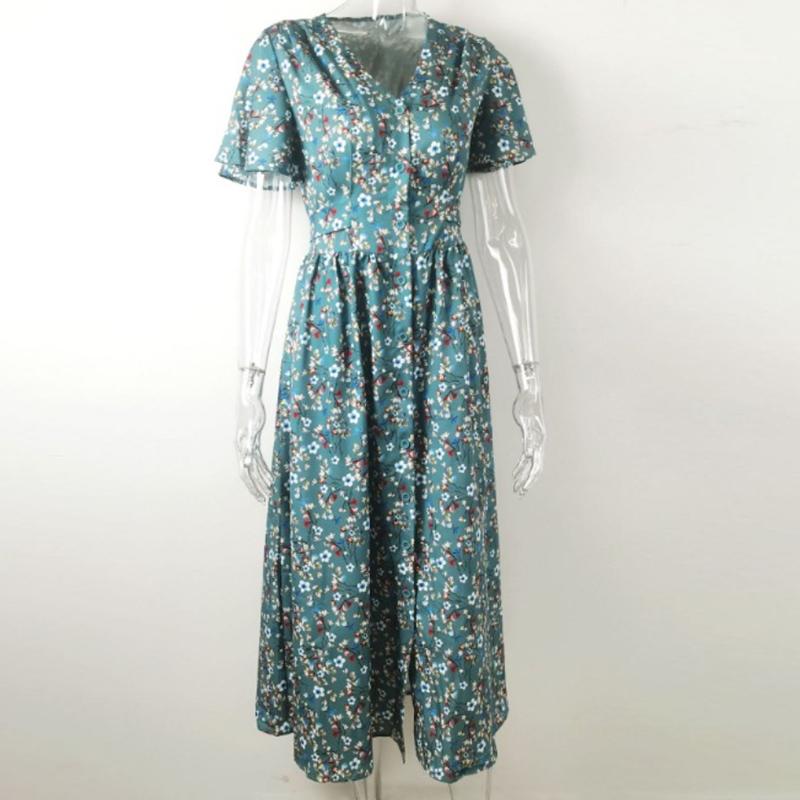 Fashion Women Summer Flower Printed Dress Elegant Short Sleeve Dresses V-Neck Lace-up Sundress Short Sleeve Dress 28113