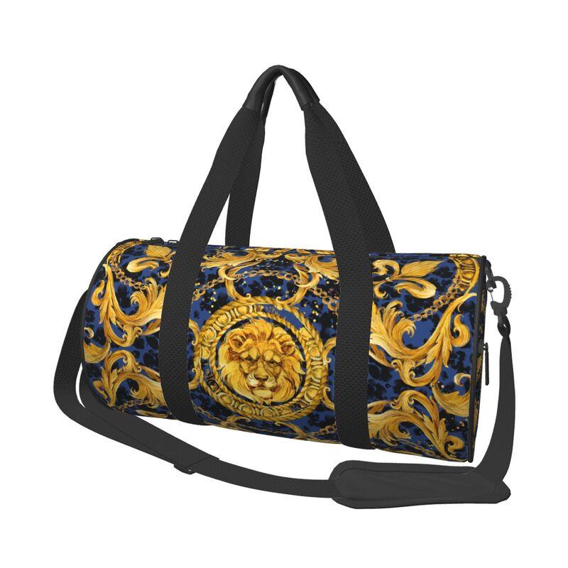 Custom Golden Lion Baroque Print Travel Duffel Bag Unisex Sports Yoga Gym Bag Outdoor Lightweight Waterproof Fitness Bags
