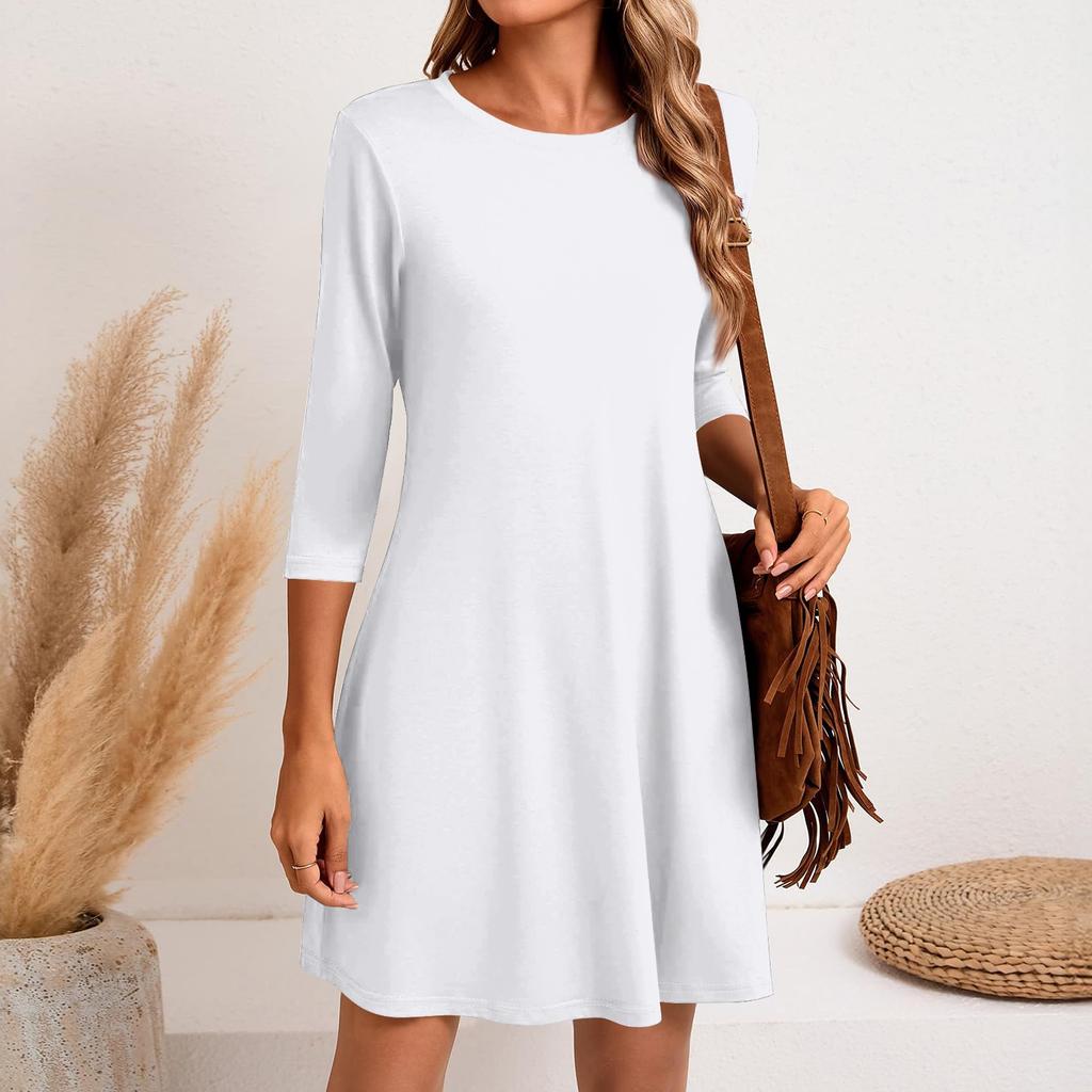 Женское модное повседневное однотонное короткое платье с круглым вырезом и рукавом три четверти