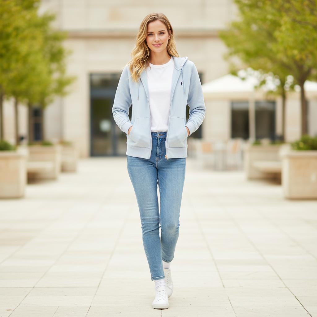 Толстовка флисовая однотонная с капюшоном на молнии Polo Ralph Lauren Женская толстовка Синяя 211841657014