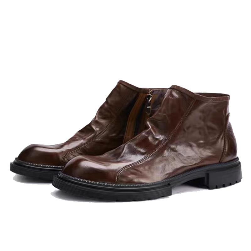 Thick Soled Men's Boots Side Zippers Leather Boots Men's Chelsea Boots Trendy Luxury Handmade Black Leather High-Top Men's Shoes