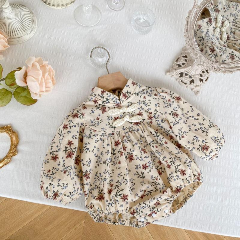 Осенний комплект для скалолазания для новорожденных девочек с цветочным принтом, воротником-чеонгсамом, длинными рукавами и свободным кроем
