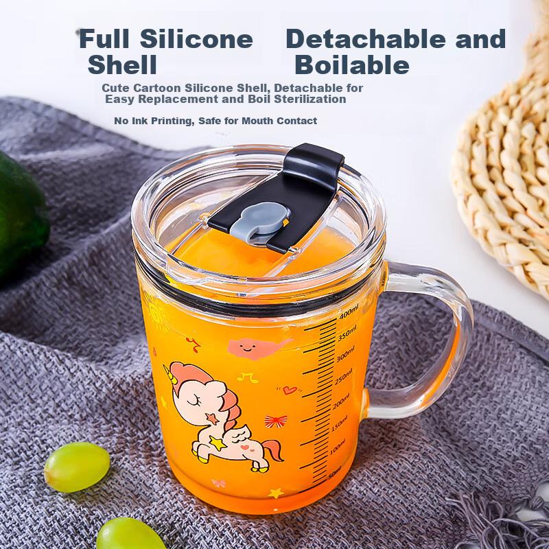 Yisheng Elephant Glass Milk Cup with Straw, 400ml Heat-Resistant Breakfast Cup with Handle and Bear Design, Feeding Cup with Measurement Scale