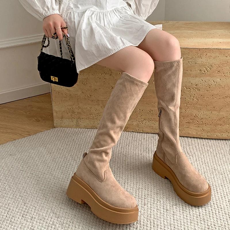 Women Over The Knee High Boots Fashion Slip On Stretch Long Booties Autumn Winter Platfrom Flats Ladies Shoes