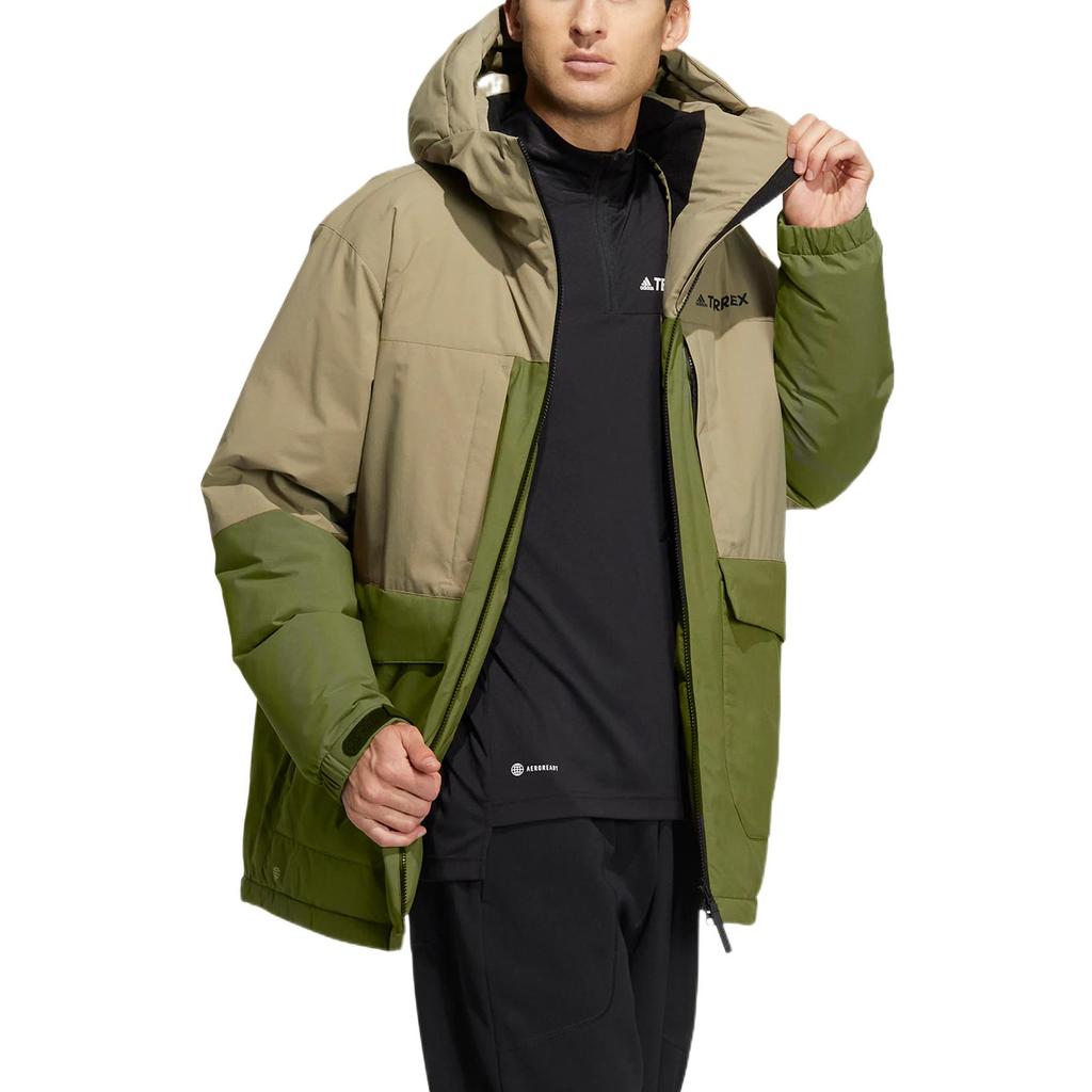 Adidas Colorblock Letter Print Hooded Zip Down Jacket Unisex Outerwear Deep-Olive-Green HN2010