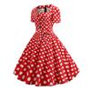 Women Dress Square Neck Short Sleeve Retro 1950s A-line Big Hem Button Decor Dot Print Color Matching Mid Waist Belted Bow Decor Midi Dress