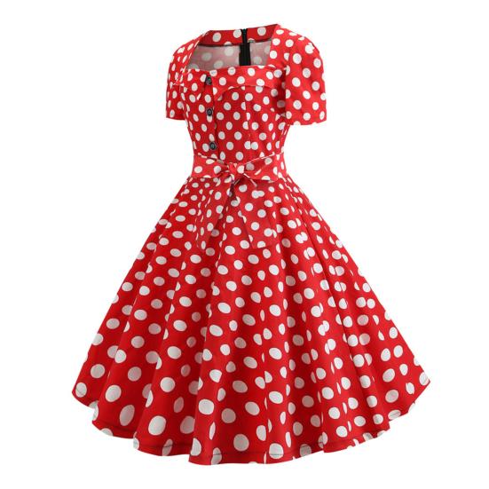 Women Dress Square Neck Short Sleeve Retro 1950s A-line Big Hem Button Decor Dot Print Color Matching Mid Waist Belted Bow Decor Midi Dress