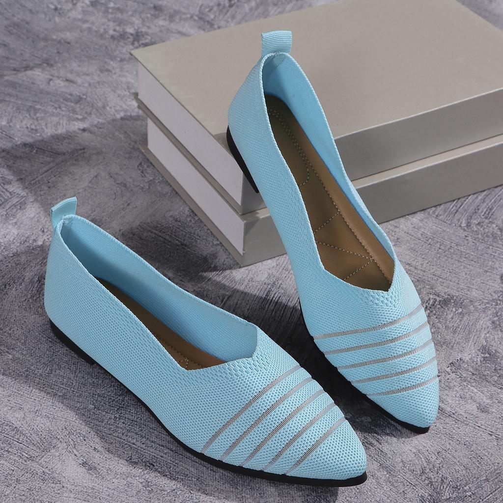 Новые модные женские туфли на плоской подошве с острым носком, однотонные трикотажные туфли без застежек, повседневные дышащие балетки для женщин, туфли на плоской подошве, женские мокасины