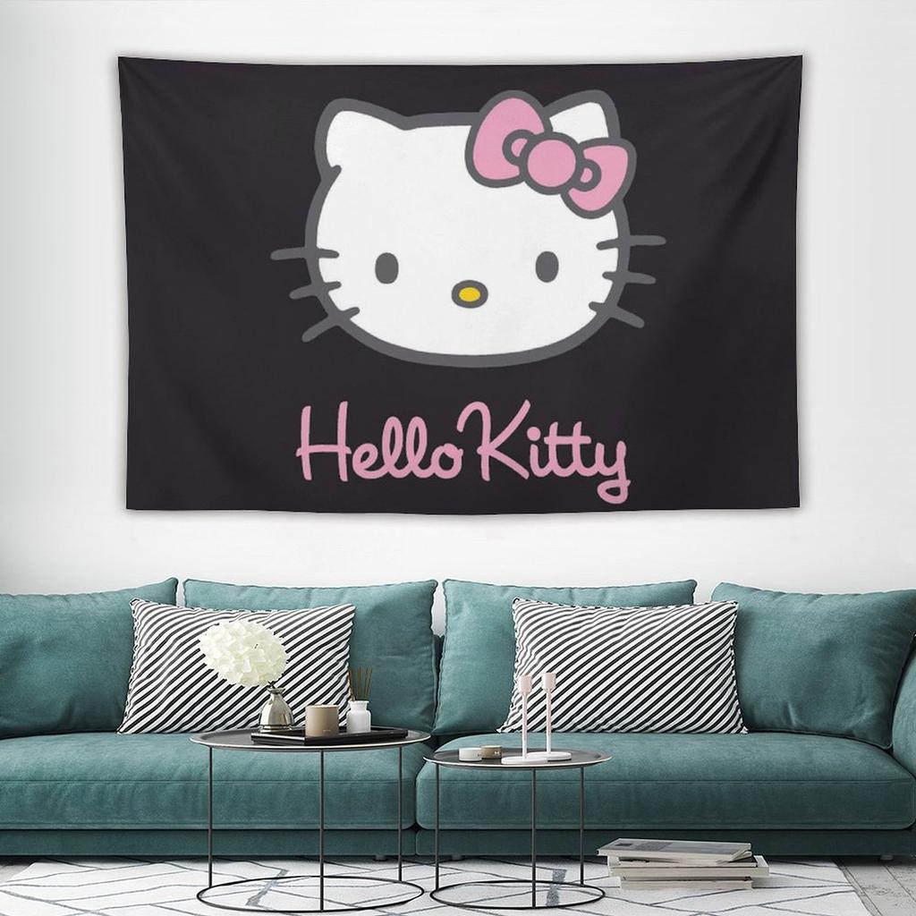 1pc Hello Kitty Black Pink Tapestry Polyester Fiber 2D Wall Hanging Bedroom Living Room Home Decor Minimalist Cartoon Room Dec